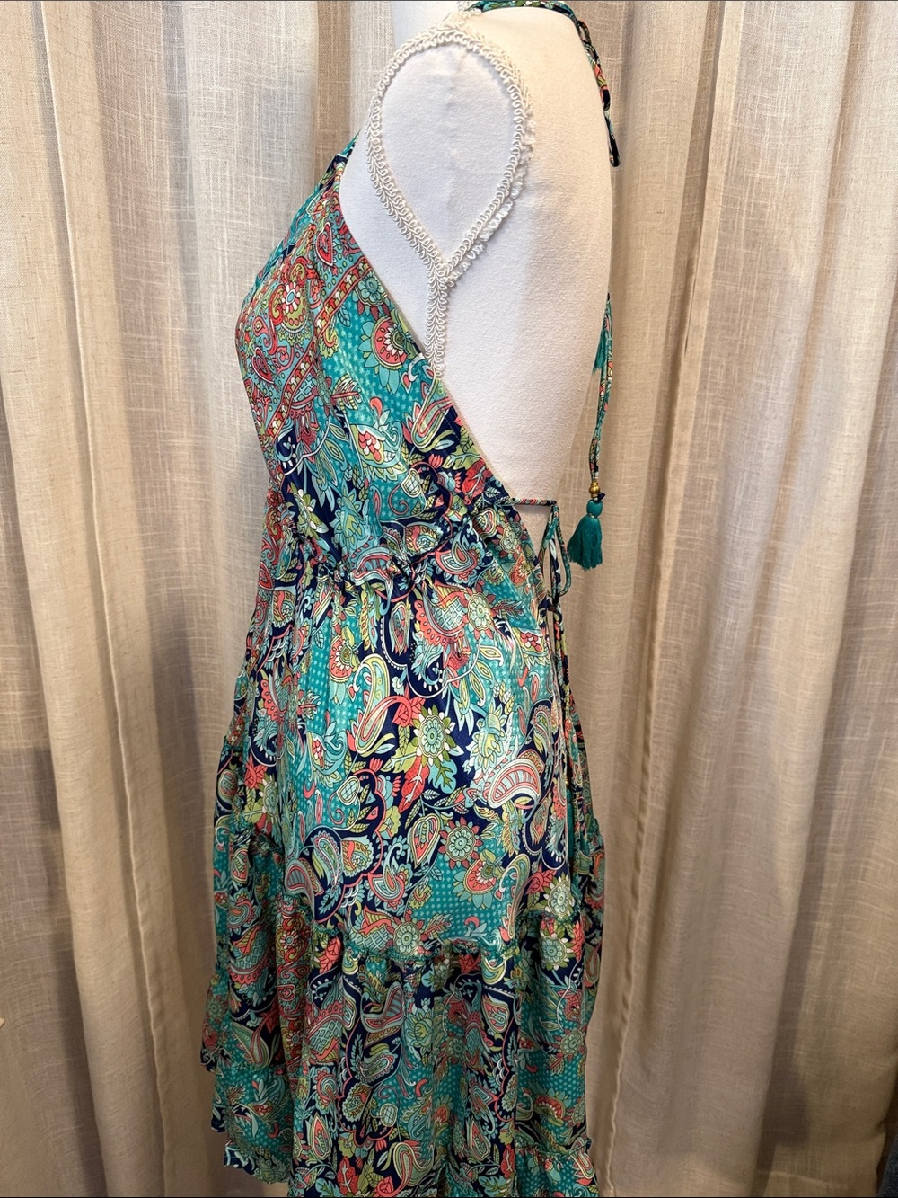 NWT - Zury Silk Blend Paisley Halter Dress Tassel Tie Open Back Boho Resort - Picture 8 of 12